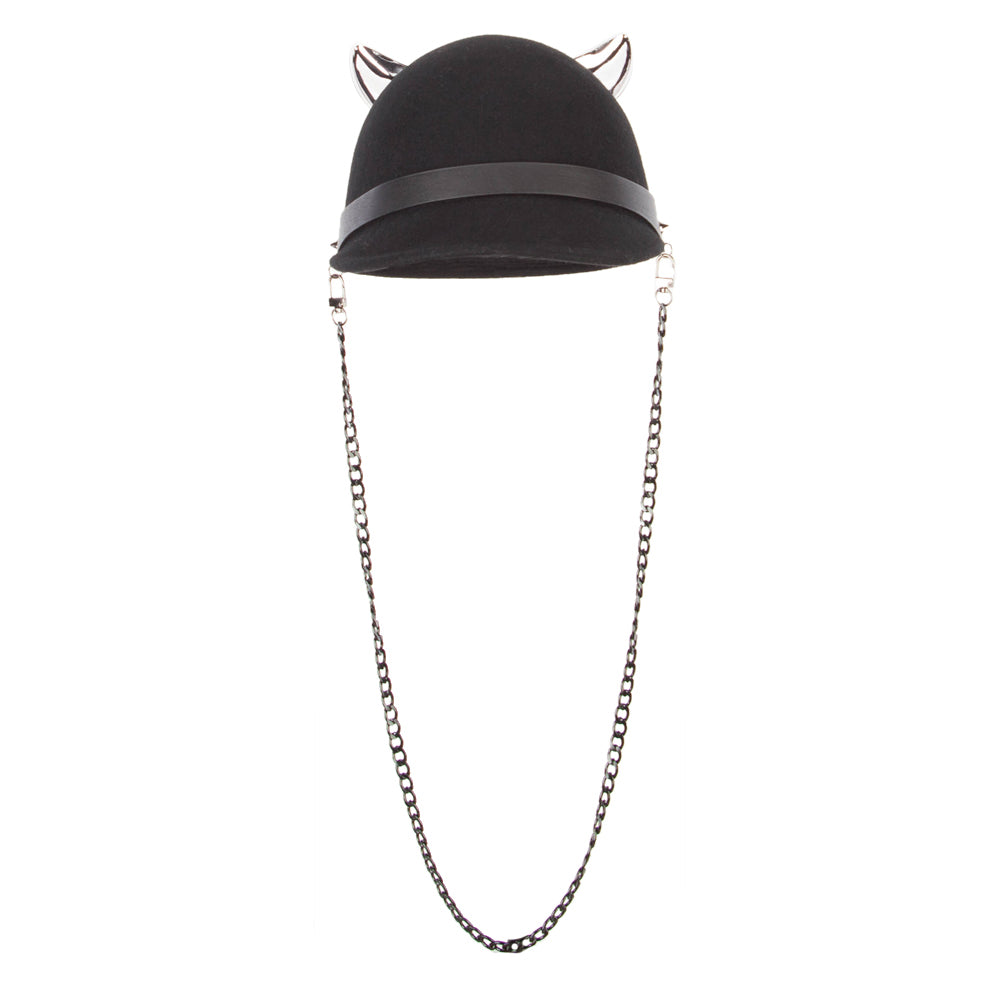 Women's Silver Metal Ear Accent Wide Band Detailed with Chain Wool Newsboy Cap