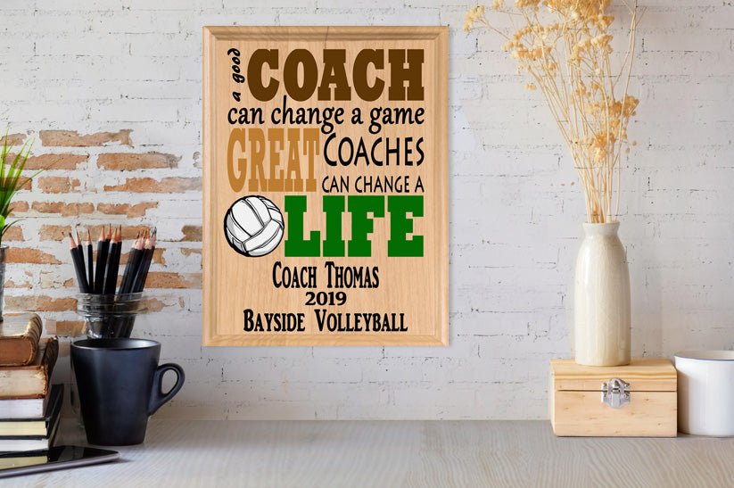 Custom Volleyball Coach Gift – Personalized Wood Plaque with Name & Year – “Great Coaches Change Lives” – Solid Wood – Made in USA – 11x8.5