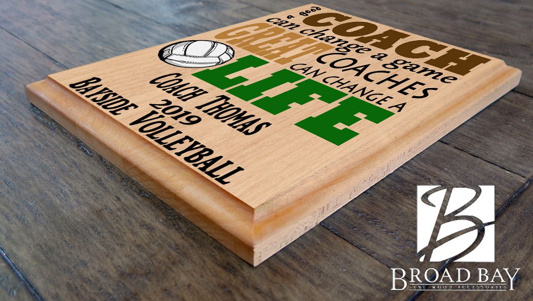 Custom Volleyball Coach Gift – Personalized Wood Plaque with Name & Year – “Great Coaches Change Lives” – Solid Wood – Made in USA – 11x8.5