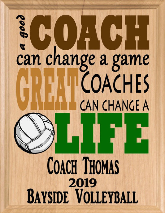 Custom Volleyball Coach Gift – Personalized Wood Plaque with Name & Year – “Great Coaches Change Lives” – Solid Wood – Made in USA – 11x8.5