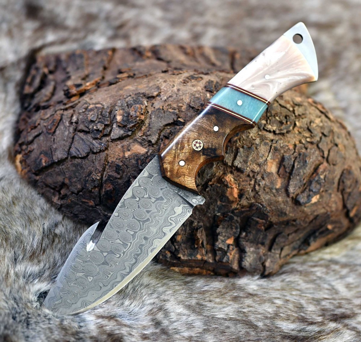 Voyager Damascus Gut Hook Knife with Exotic Rose Wood and Mother of Pearl Handle