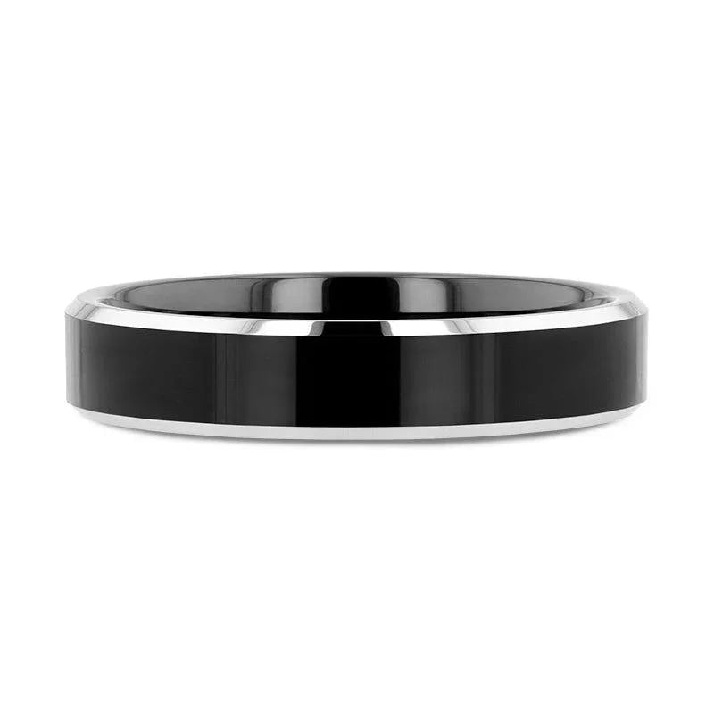 VALENCIA Women's Black Tungsten Ring, Polished Finish with White Tungsten Bevels - 4mm