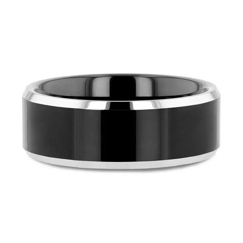 MACLAREN Black Polished Center Tungsten Wedding Band with Polished Gray Beveled Edges, 4mm–8mm