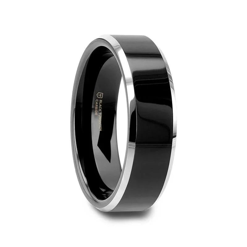 MACLAREN Black Polished Center Tungsten Wedding Band with Polished Gray Beveled Edges, 4mm–8mm