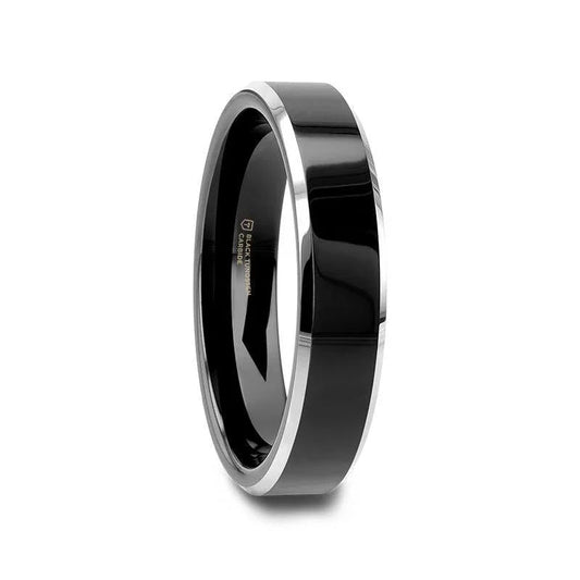 VALENCIA Women's Black Tungsten Ring, Polished Finish with White Tungsten Bevels - 4mm