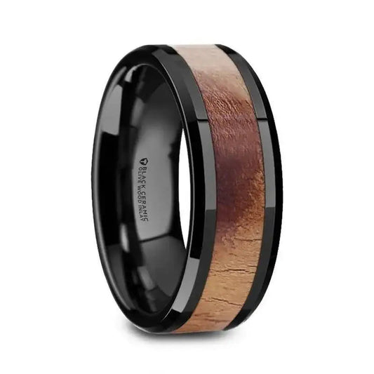MARCUS Olive Wood Inlaid Black Ceramic Ring with Bevels - 6mm & 8mm