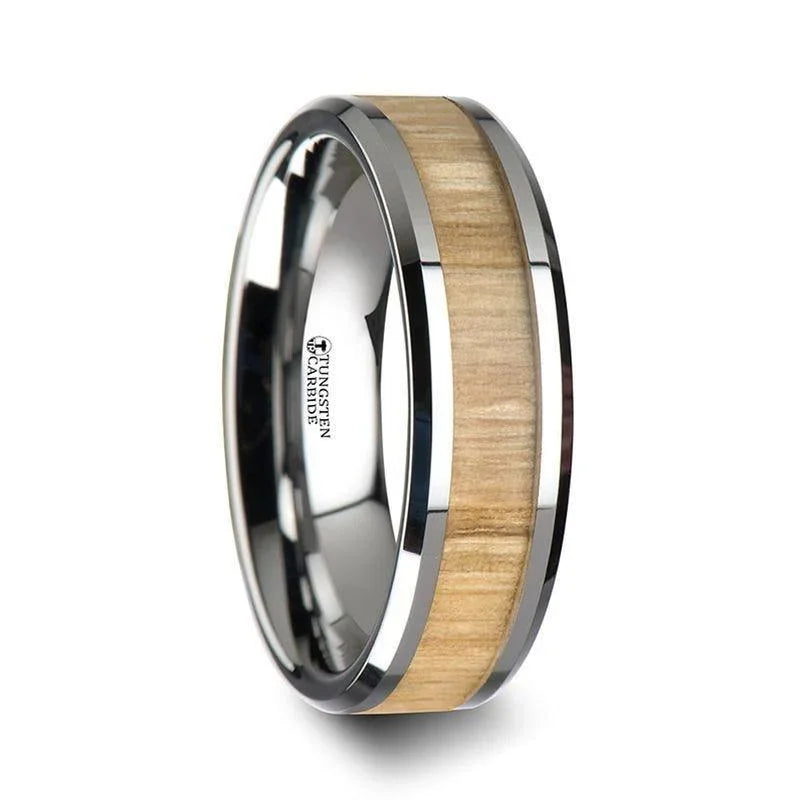 SAMARA Tungsten Ring with Polished Bevels and Real Wood Ash Wood Inlay - 6mm - 10mm