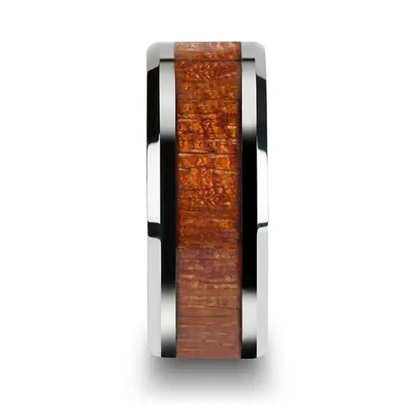 KHAYA Tungsten Band with Polished Bevels and Real Hardwood Mahogany Inlay - 10mm