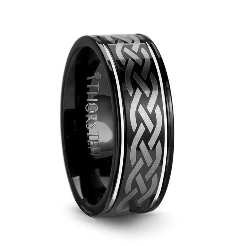 KILDARE Celtic Engraved Black Tungsten Wedding Band – 8mm