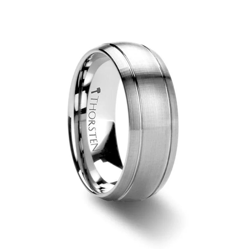 MAGNUS Domed Brushed Tungsten Carbide Ring with Dual Grooves – 6mm & 8mm