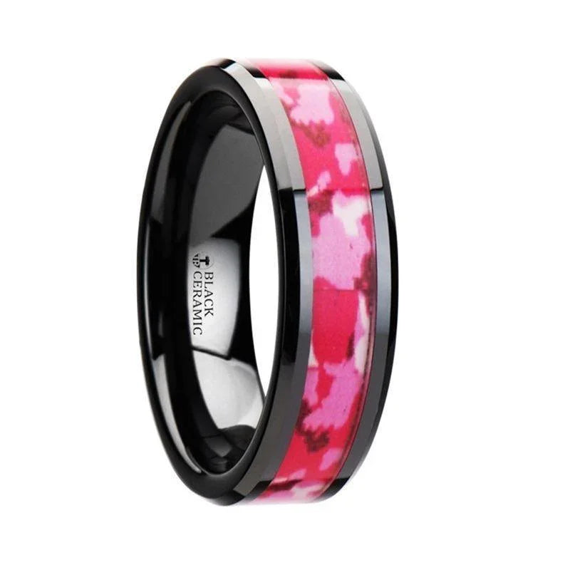 SIERRA Black Ceramic Ring with Pink and White Camouflage Inlay - 6mm & 8mm