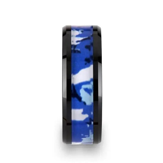 RECOIL Black Ceramic Ring with Blue and White Camouflage Inlay - 8mm