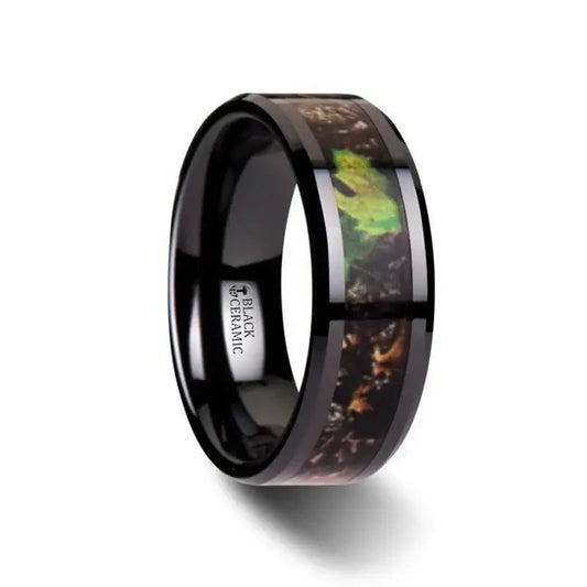 NIGHTFALL Realistic Tree Camo Black Ceramic Wedding Band with Green Leaves - 8mm