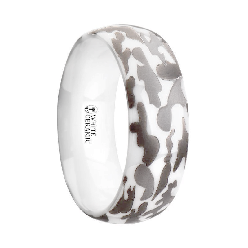 STRYKER Camo White Ceramic Wedding Band Domed - 8mm