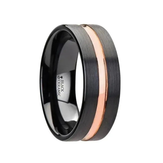VENICE Black Ceramic Wedding Band with Rose Gold Groove - 4mm - 10mm