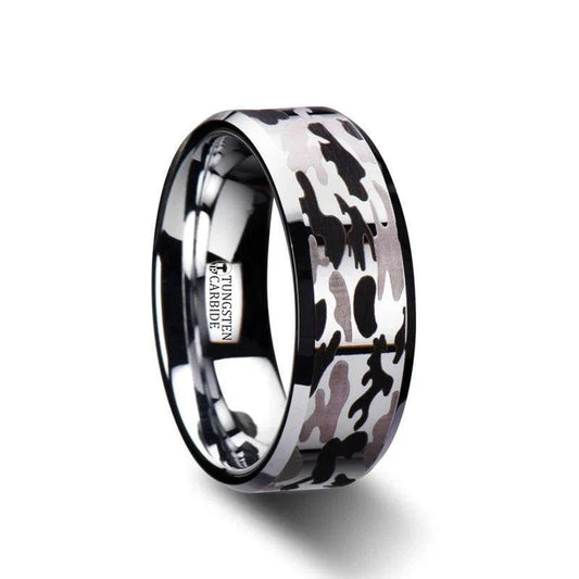ARMISTICE Beveled Tungsten Carbide Ring with Laser Engraved Camo Pattern - 8 mm