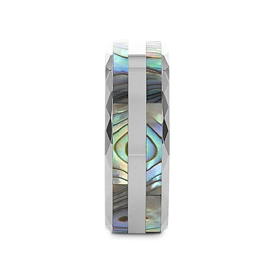 PAUA Double Mother of Pearl Shell Inlay Faceted Tungsten Ring With Beveled Polished Edges - 8mm