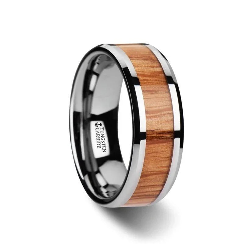 VERMILLION Red Oak Wood Inlaid Tungsten Carbide Ring with Bevels - 6mm - 10mm