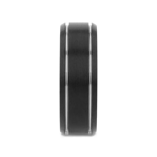 NOCTURNE Black Beveled Tungsten Carbide Band with Polished Grooves and Brushed Finish - 6mm or 8mm