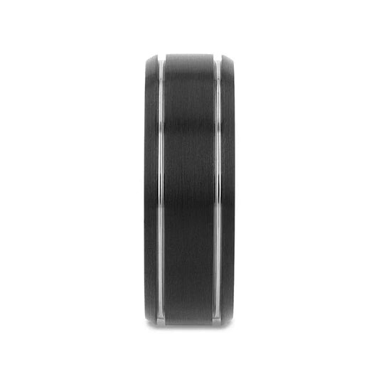 NOCTURNE Black Beveled Tungsten Carbide Band with Polished Grooves and Brushed Finish - 6mm or 8mm