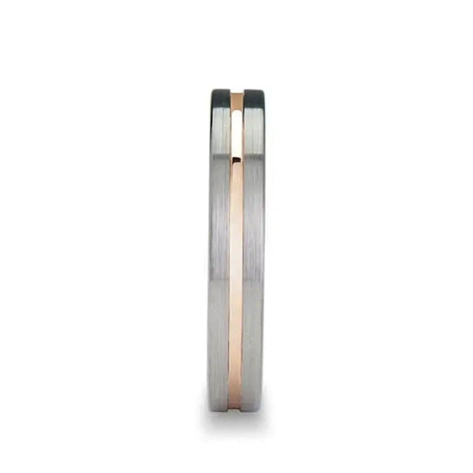 ZENA Flat Brushed Tungsten Ring with Rose Gold Channel — 4mm & 6mm