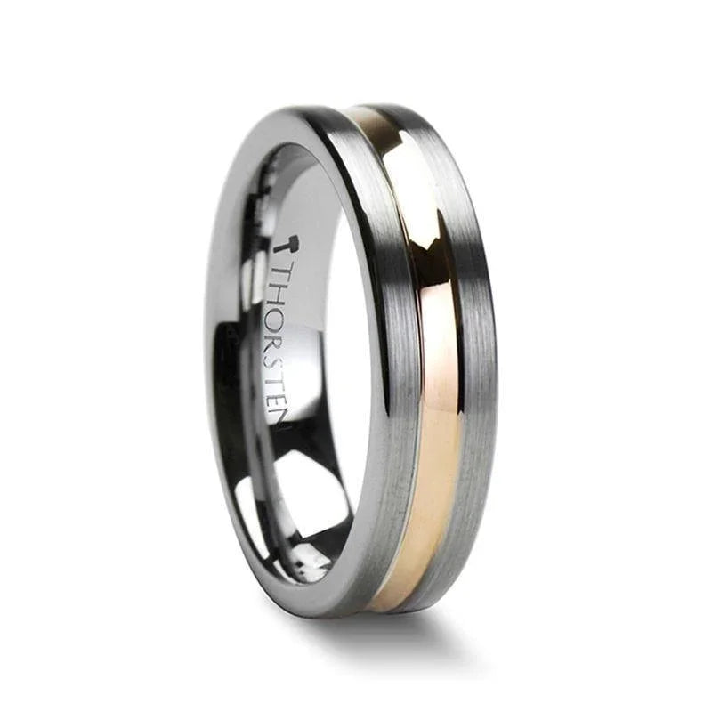 ZENA Flat Brushed Tungsten Ring with Rose Gold Channel — 4mm & 6mm