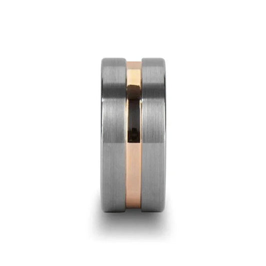 ZENITH Extra Wide Flat Brushed Tungsten Ring with Rose Gold Channel – 10mm