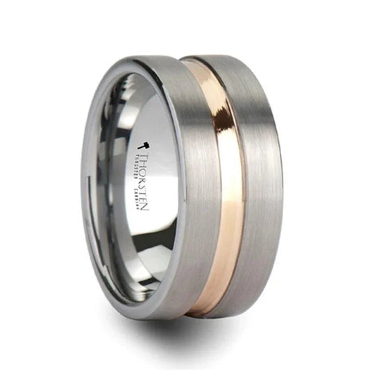 ZENITH Extra Wide Flat Brushed Tungsten Ring with Rose Gold Channel – 10mm