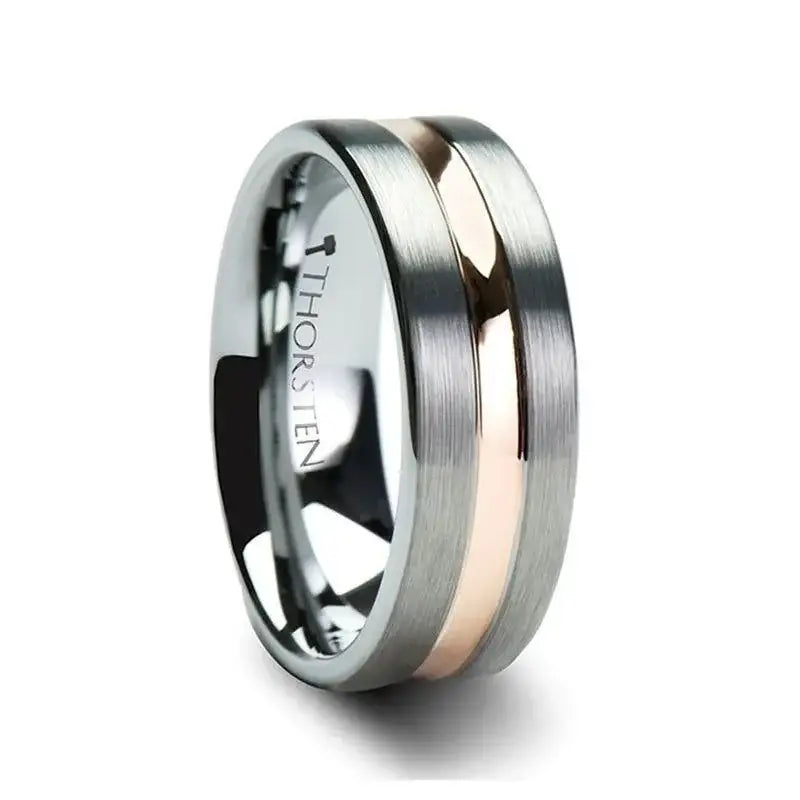 ZENA Flat Brushed Tungsten Ring with Rose Gold Channel — 4mm & 6mm