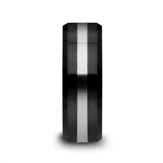 PHOENIX Brushed Black Ceramic Ring with Beveled Edges and Tungsten Inlay - 6mm or 8mm