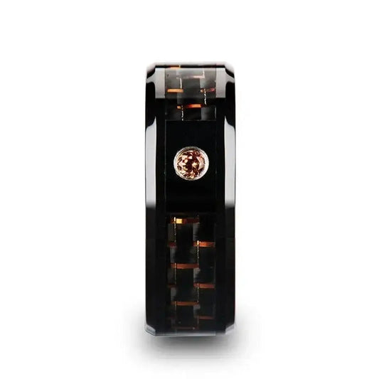 HELSING Black Ceramic Ring with Black and Orange Carbon Fiber and Orange Padparadscha Setting - 8mm