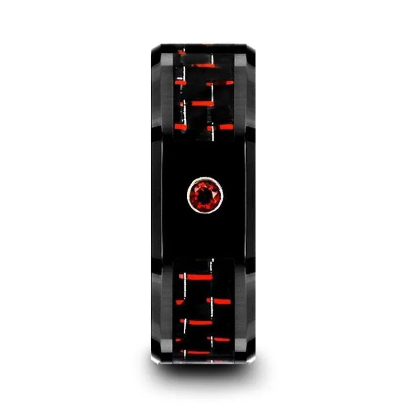 SORRELL Black Ceramic Ring with Black and Red Carbon Fiber and Red Ruby Setting - 8mm