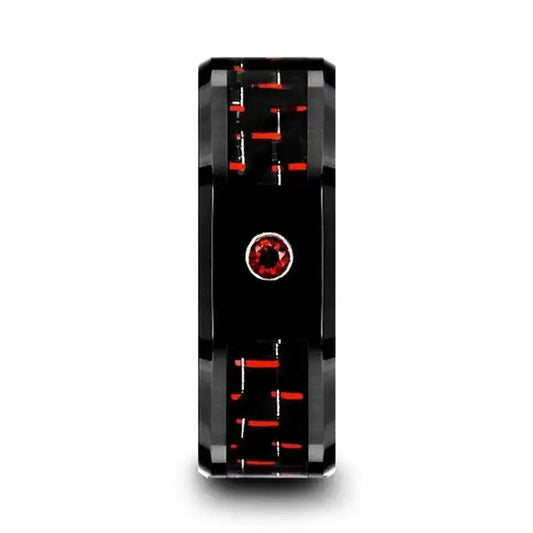 SORRELL Black Ceramic Ring with Black and Red Carbon Fiber and Red Ruby Setting - 8mm