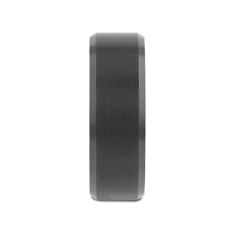 RIGEL Black Tungsten Carbide Ring – Flat Brushed Center, Polished Beveled Edges, Blue Ceramic Interior (6mm & 8mm)