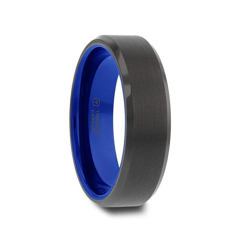 RIGEL Black Tungsten Carbide Ring – Flat Brushed Center, Polished Beveled Edges, Blue Ceramic Interior (6mm & 8mm)