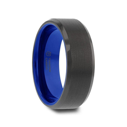 RIGEL Black Tungsten Carbide Ring – Flat Brushed Center, Polished Beveled Edges, Blue Ceramic Interior (6mm & 8mm)