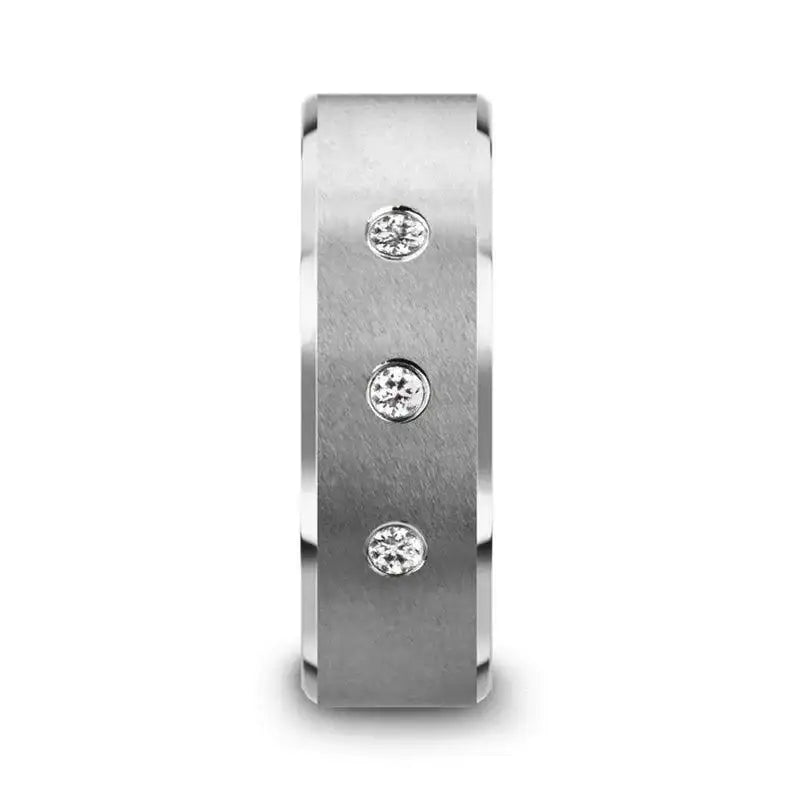 SAMUEL Satin Finish Tungsten Carbide Wedding Ring with 3 White Diamond Setting and Beveled Edges- 8mm