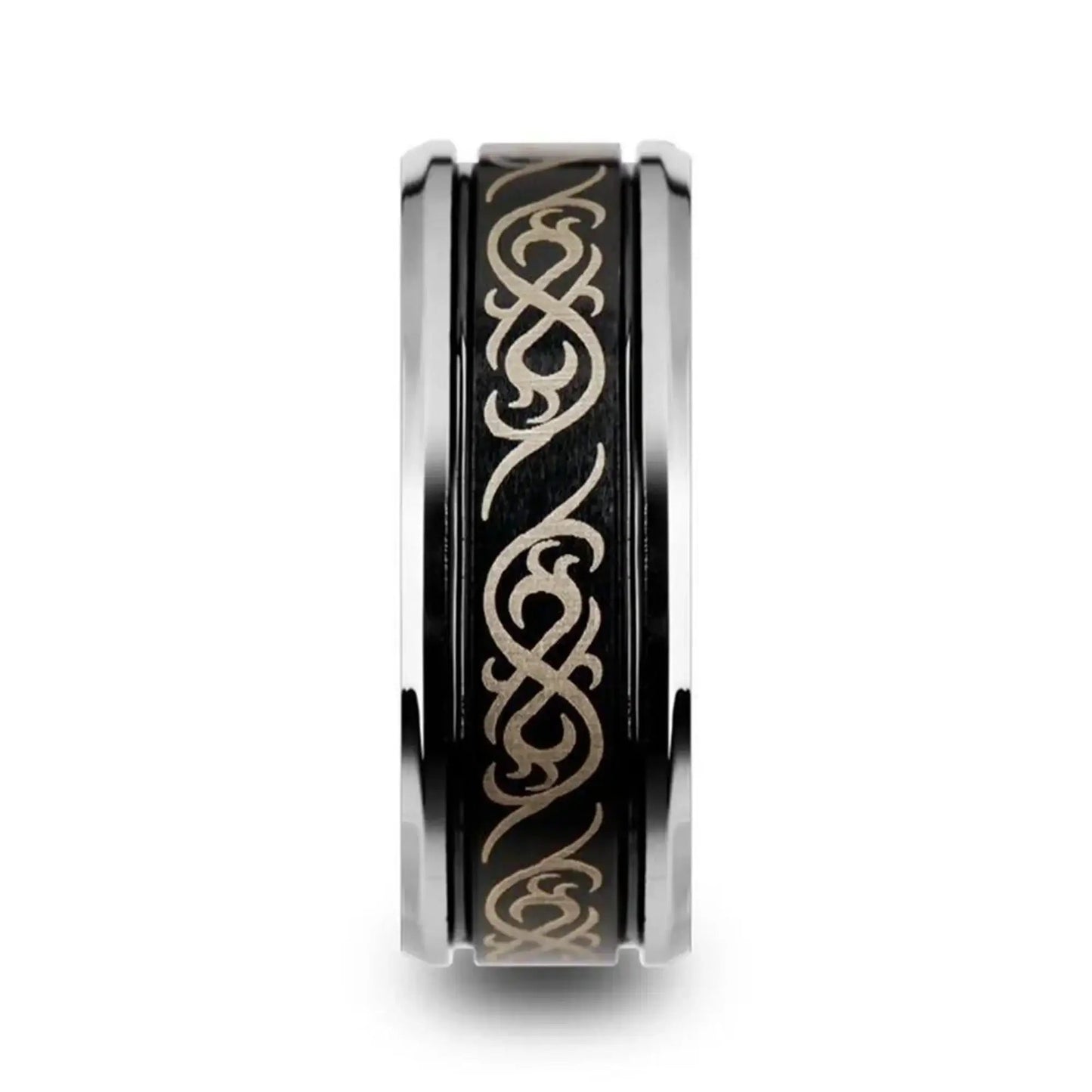 RAIZEN Tungsten Carbide Wedding Ring with Dual Offset Grooves and Laser Engraved Celtic Pattern Polished and Beveled Edges - 8mm