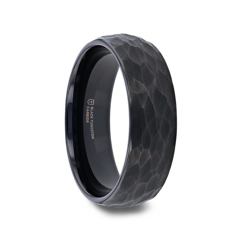 RENEGADE Domed Hammered Black Tungsten Carbide Wedding Band, Brushed Finish – 6mm or 8mm