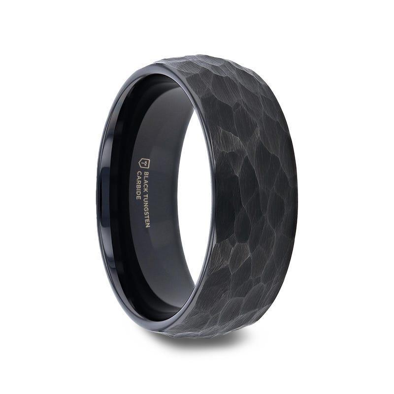 RENEGADE Domed Hammered Black Tungsten Carbide Wedding Band, Brushed Finish – 6mm or 8mm