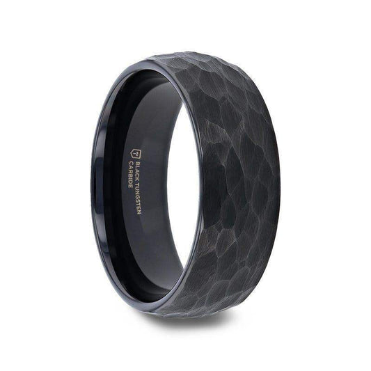 RENEGADE Domed Hammered Black Tungsten Carbide Wedding Band, Brushed Finish – 6mm or 8mm