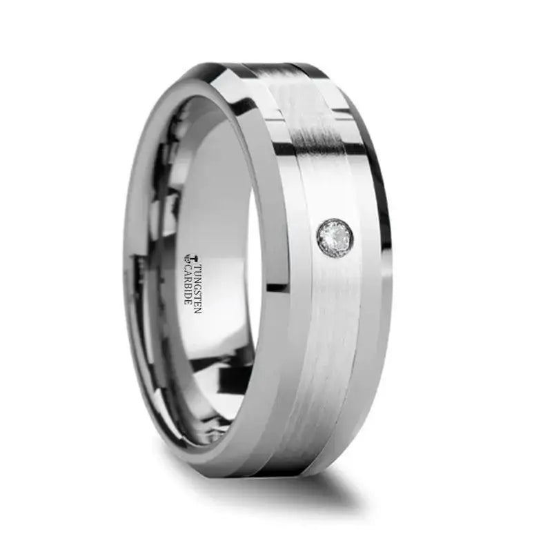 GAUTIER Palladium Inlaid Beveled Tungsten Ring with Diamond - 8mm