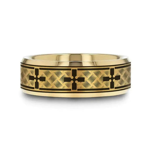 WOVEN CROSSES on Gold Plated Tungsten Carbide Ring with Beveled Edges