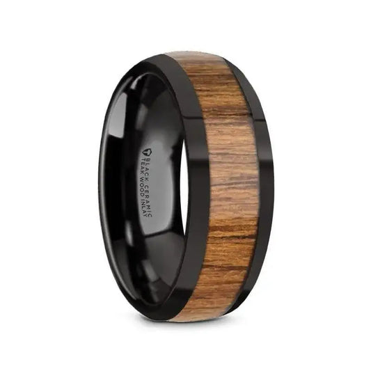 TULIAN Black Ceramic Polished Edges Men’s Domed Wedding Band with Teak Wood Inlay - 8mm