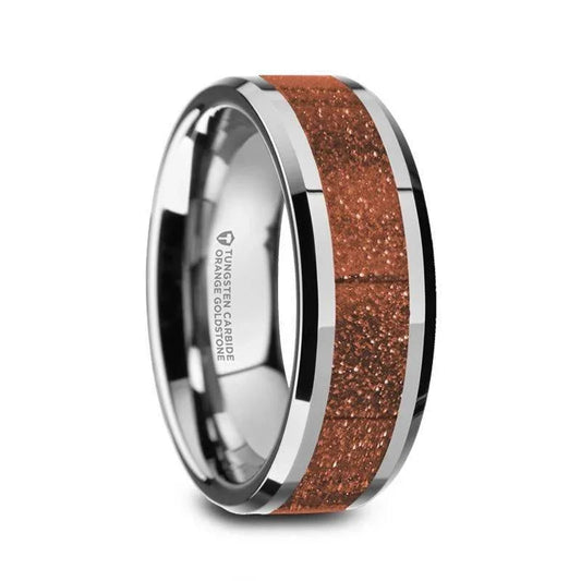 BODHI Men’s Polished Finish Beveled Edges Tungsten Wedding Band with Orange Goldstone Inlay - 8mm