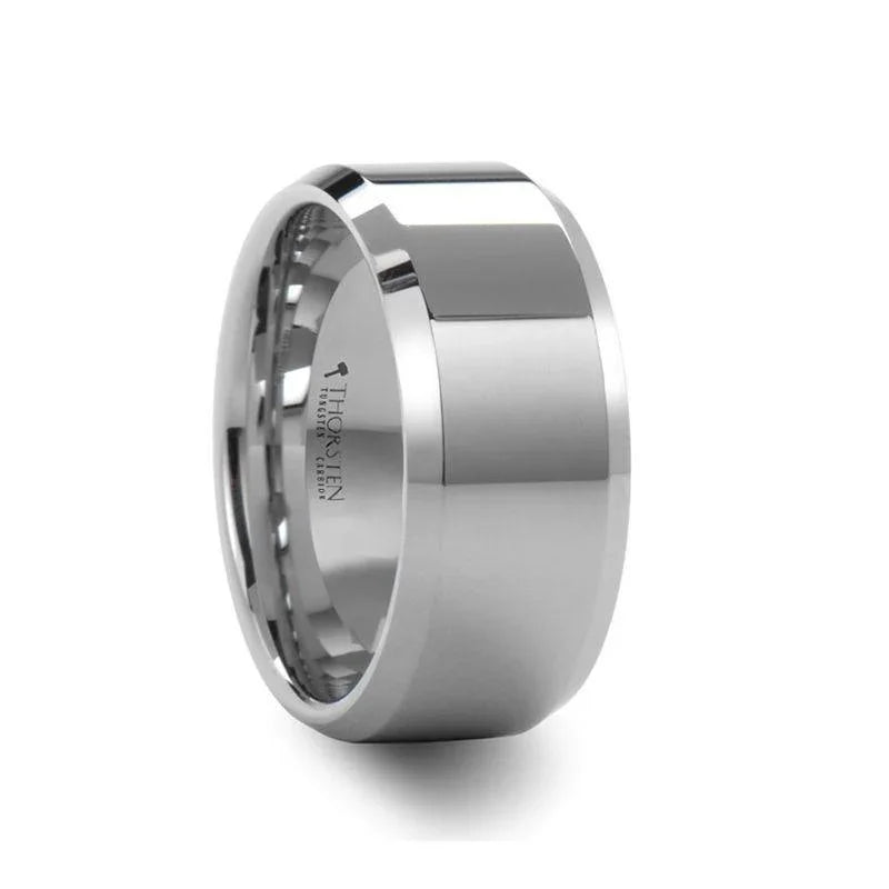 LAWTON White Tungsten Wedding Band with Beveled Edges — 10mm