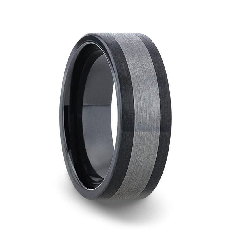 ENDAST Black Ceramic with Brushed Tungsten Inlay Wedding Band - 8mm