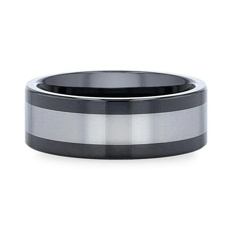 HUSKEY Ceramic Band with Tungsten Inlay and Flat Polished Edges - 8mm