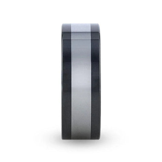 HUSKEY Ceramic Band with Tungsten Inlay and Flat Polished Edges - 8mm