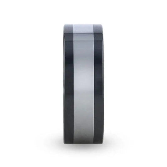 HUSKEY Ceramic Band with Tungsten Inlay and Flat Polished Edges - 8mm